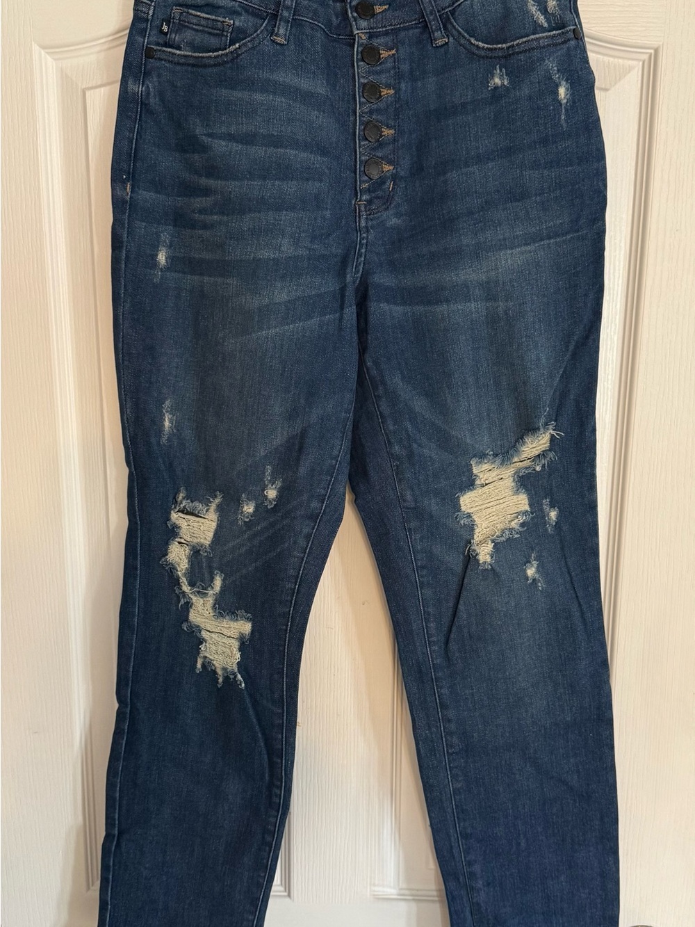 Judy Blue Dark Blue High-Rise Distressed Button-Fly Jeans